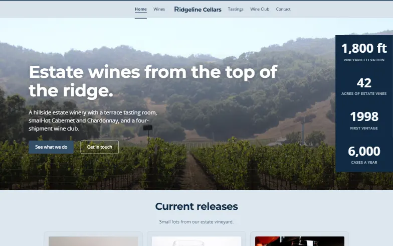 The home page of the Tasting Room & Wine Club template