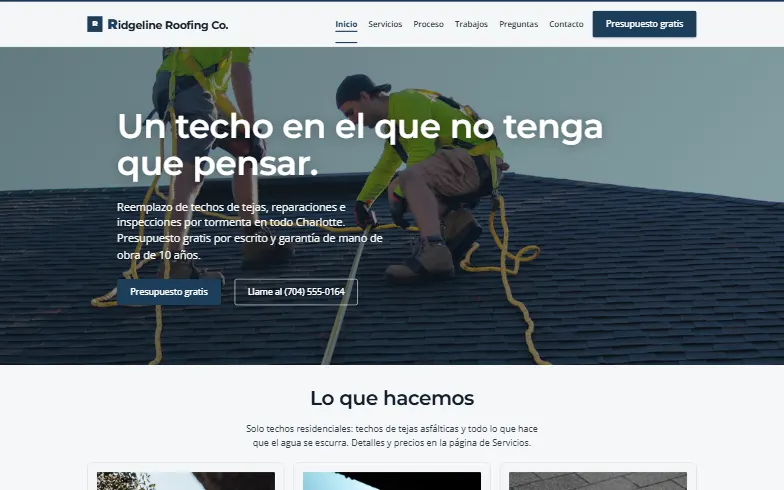 La página de inicio de la plantilla Ridgeline Roofing Co.