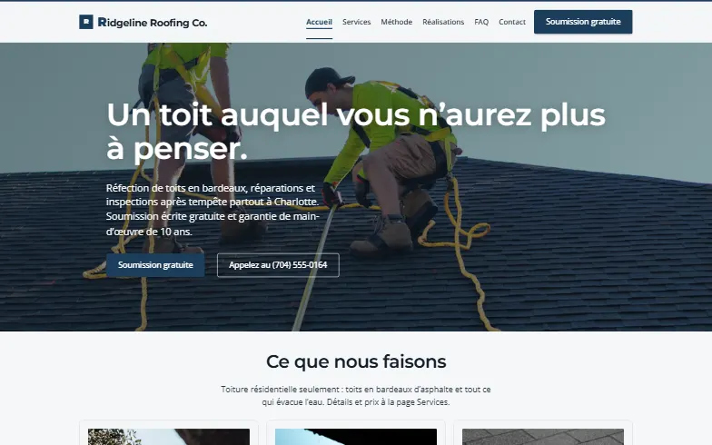 La page d’accueil du modèle Ridgeline Roofing Co.