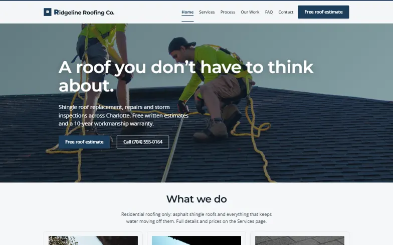 The home page of the Ridgeline Roofing Co. template