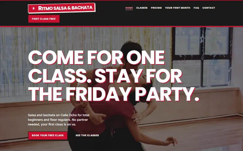 The home page of the Ritmo Salsa & Bachata template