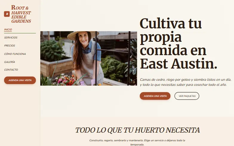 La página de inicio de la plantilla Root & Harvest Edible Gardens
