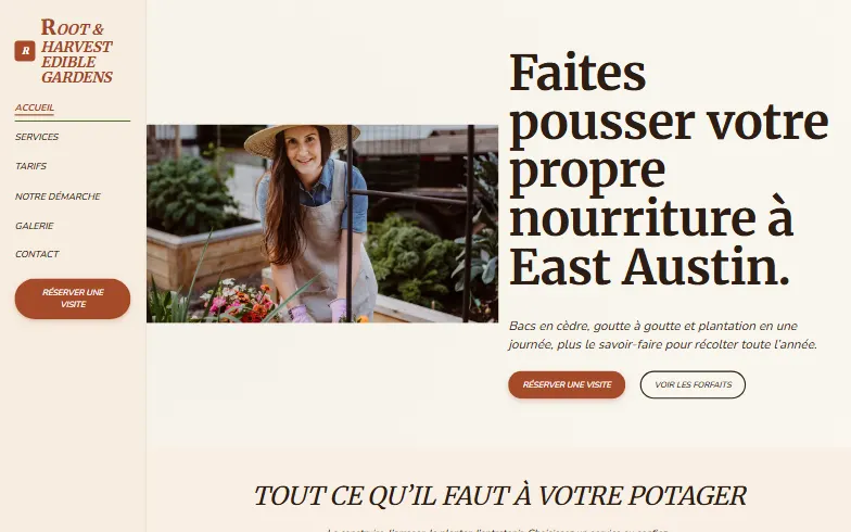 La page d’accueil du modèle Root & Harvest Edible Gardens