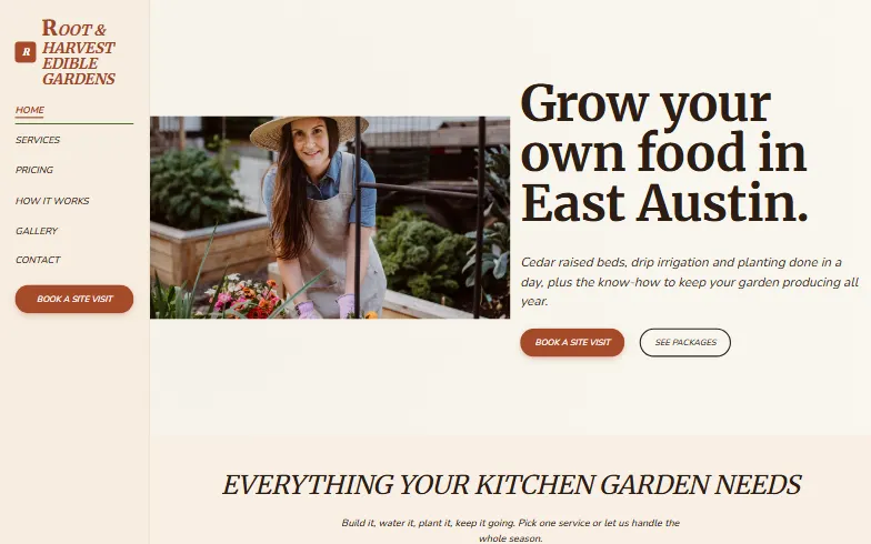The home page of the Root & Harvest Edible Gardens template