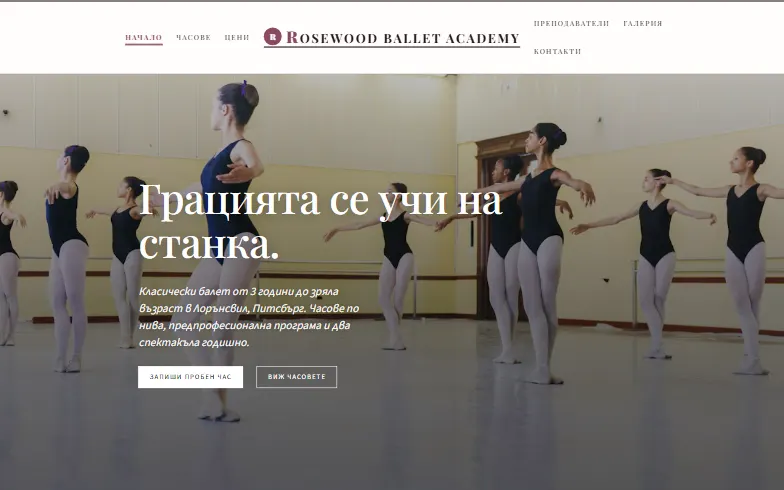 Началната страница на шаблона Rosewood Ballet Academy
