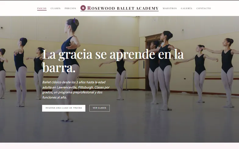 La página de inicio de la plantilla Rosewood Ballet Academy