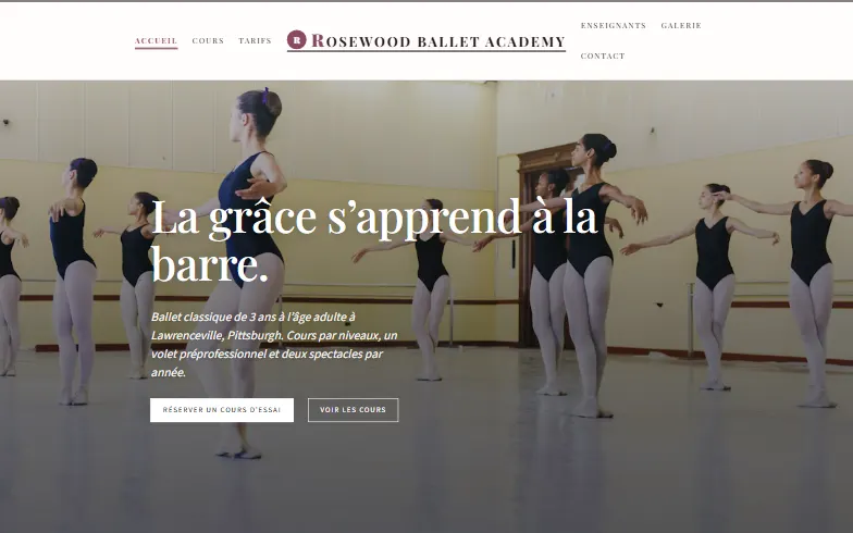 La page d’accueil du modèle Rosewood Ballet Academy
