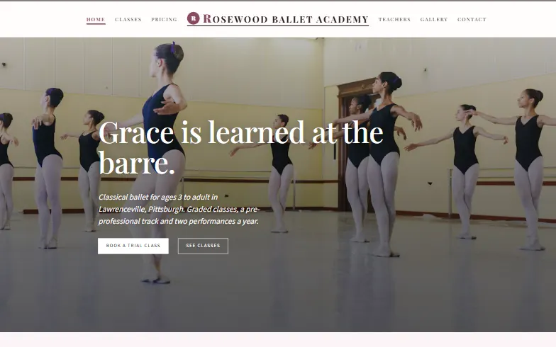 The home page of the Rosewood Ballet Academy template