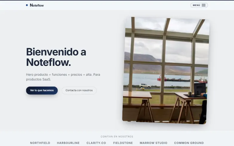 La página de inicio de la plantilla Landing SaaS