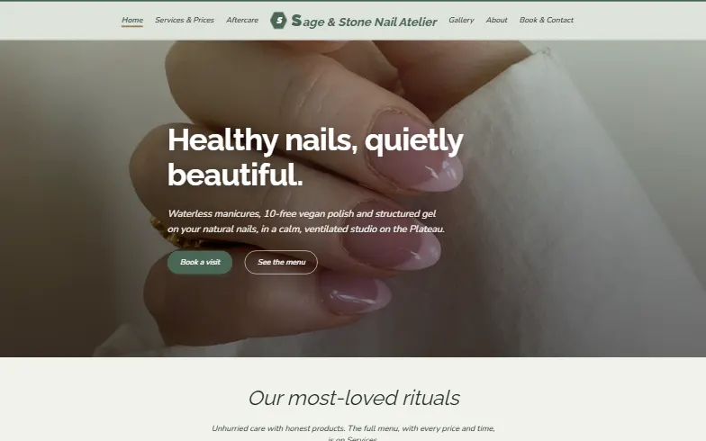 The home page of the Sage & Stone Nail Atelier template