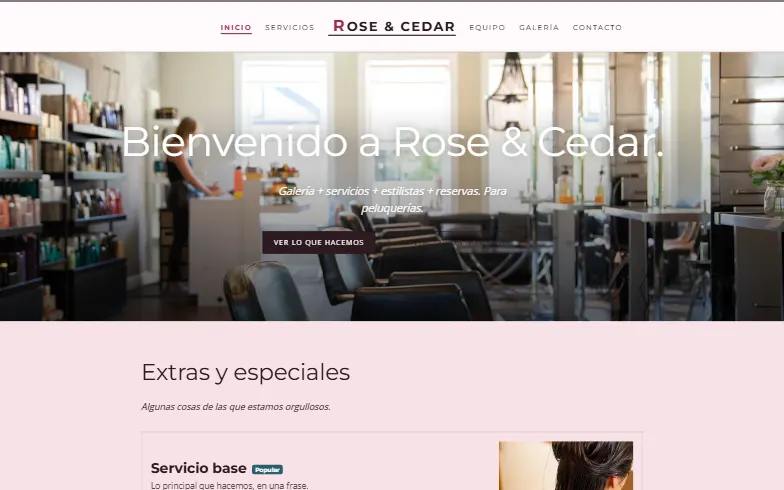 La página de inicio de la plantilla Salón