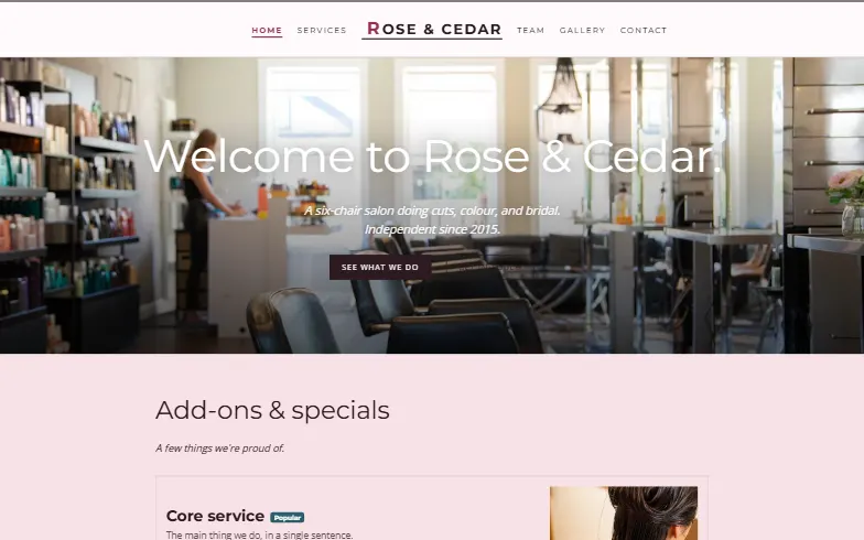 The home page of the Salon template