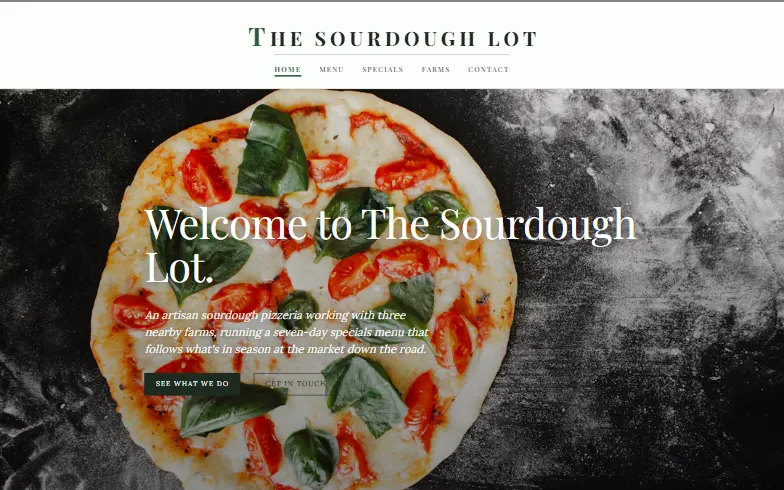 The home page of the The Sourdough Pizza Lot template