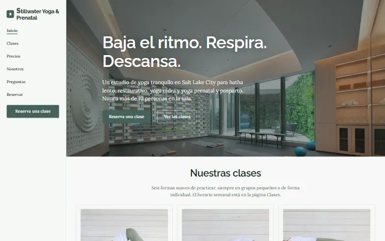 La página de inicio de la plantilla Stillwater Yoga & Prenatal