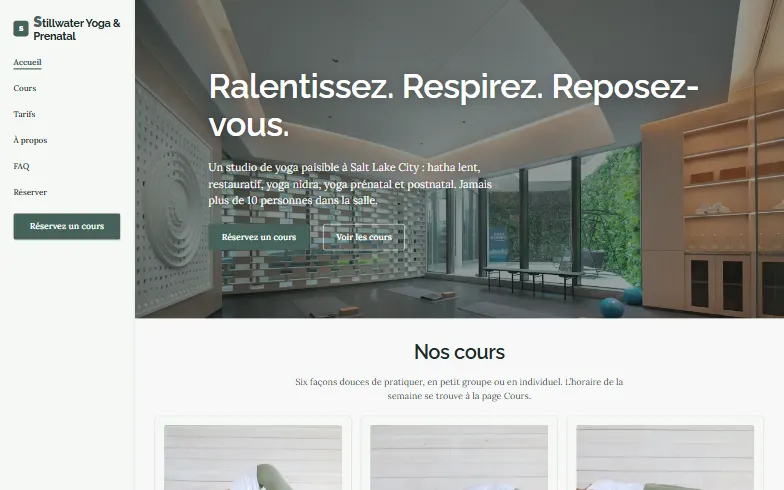 La page d’accueil du modèle Stillwater Yoga & Prenatal