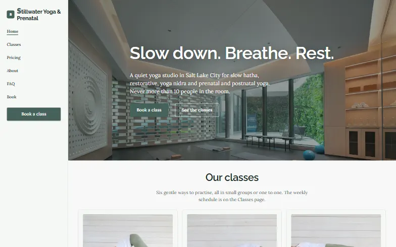 The home page of the Stillwater Yoga & Prenatal template