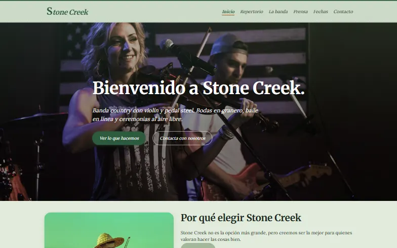 La página de inicio de la plantilla Stone Creek