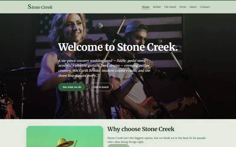 The home page of the Stone Creek template
