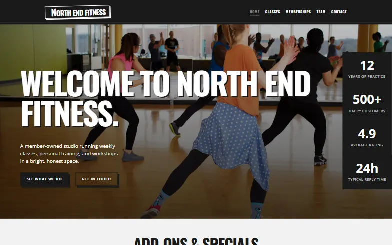 The home page of the Fitness Studio template