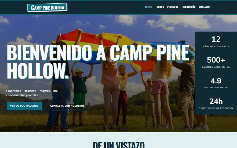 La página de inicio de la plantilla Campamento de Verano