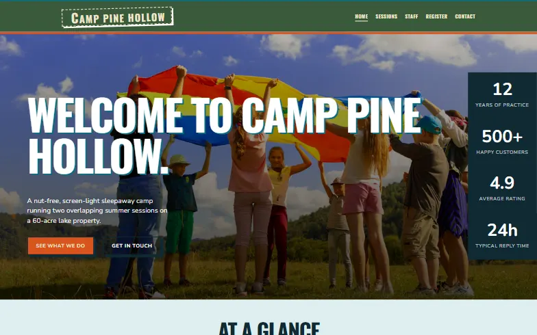 The home page of the Summer Camp template