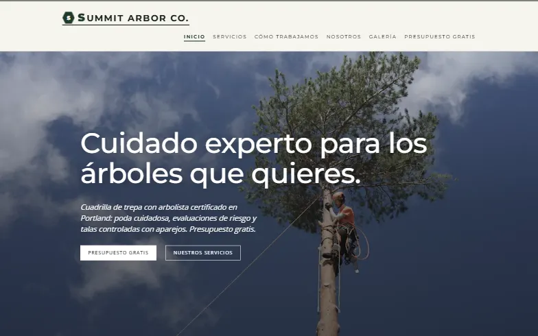 La página de inicio de la plantilla Summit Arbor Co.