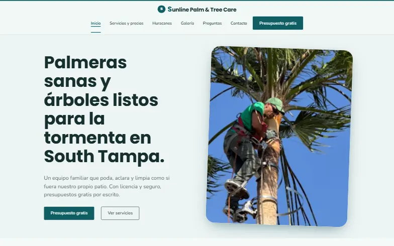 La página de inicio de la plantilla Sunline Palm & Tree Care