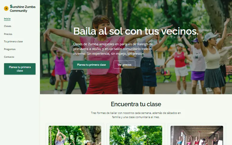 La página de inicio de la plantilla Sunshine Zumba Community