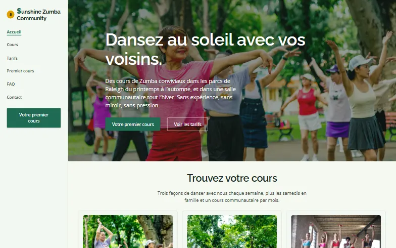 La page d’accueil du modèle Sunshine Zumba Community