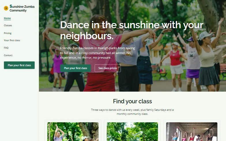 The home page of the Sunshine Zumba Community template