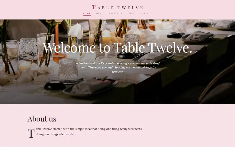 The home page of the Chef's Supper Club template