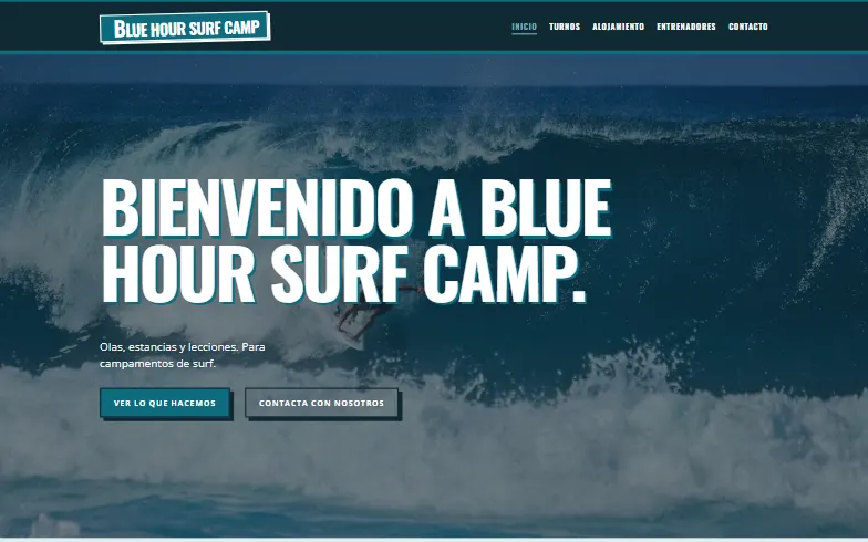 La página de inicio de la plantilla Campamento de Surf