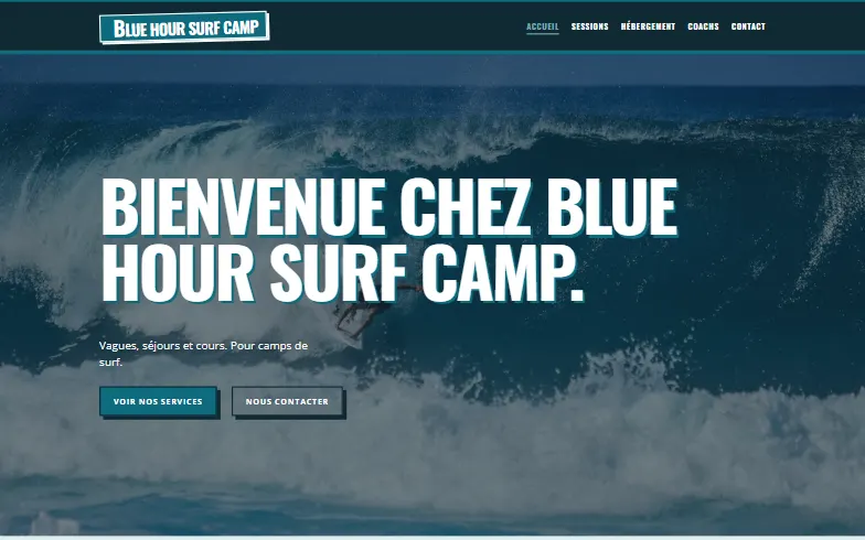 La page d’accueil du modèle Camp de Surf