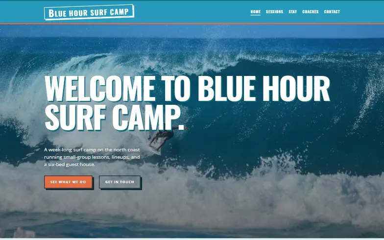 The home page of the Surf Camp template