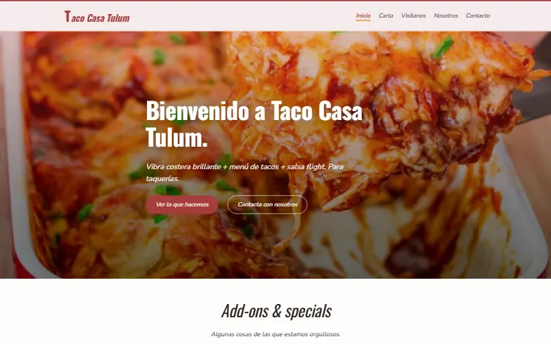La página de inicio de la plantilla Taco Casa Tulum