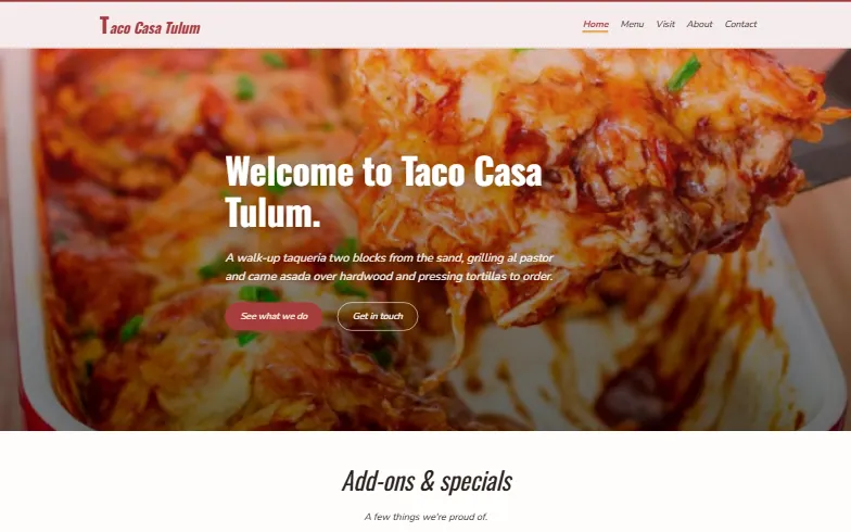 The home page of the Taco Casa Tulum template