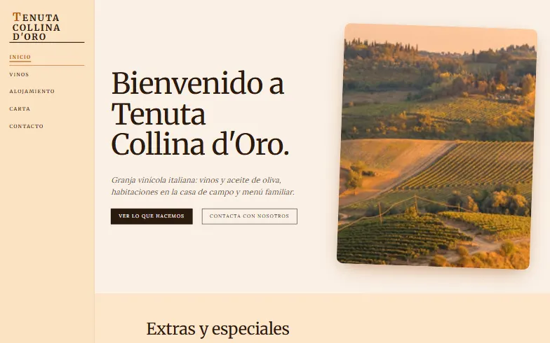 La página de inicio de la plantilla Agroturismo con Bodega