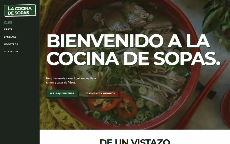 La página de inicio de la plantilla La Cocina de Sopas