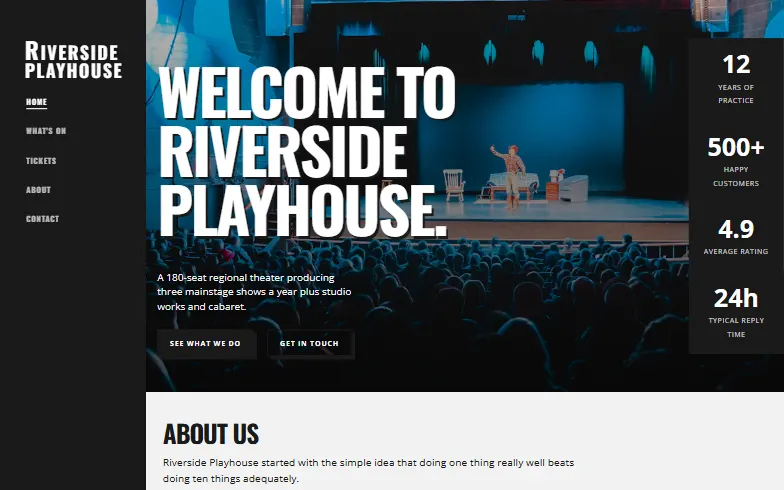 The home page of the Theater template