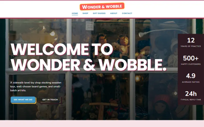 The home page of the Toy Shop template