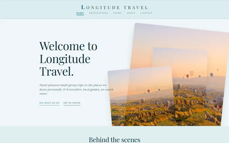 The home page of the Travel Agency template
