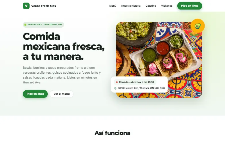 La página de inicio de la plantilla Verde Fresh Mex