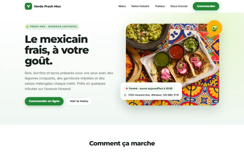 La page d’accueil du modèle Verde Fresh Mex