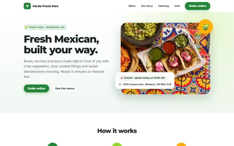 The home page of the Verde Fresh Mex template