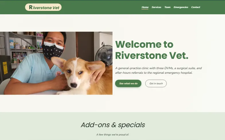 The home page of the Veterinary Clinic template