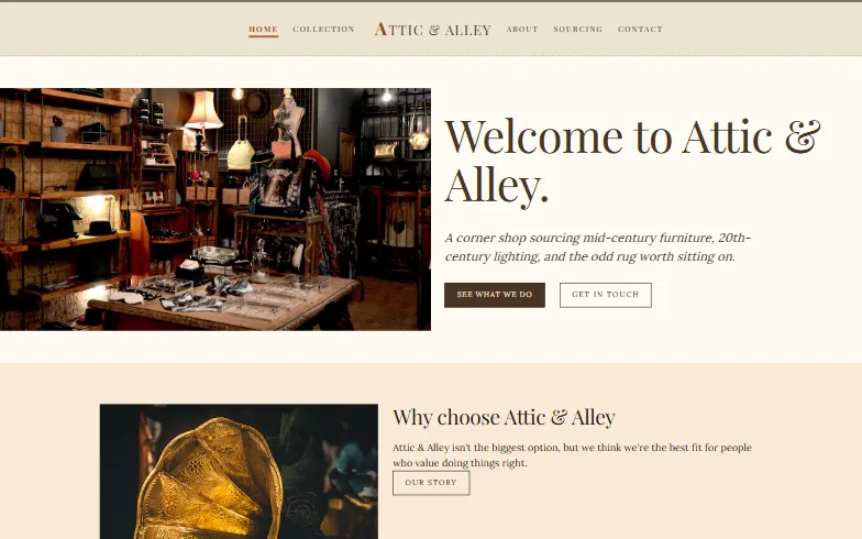 The home page of the Vintage Shop template