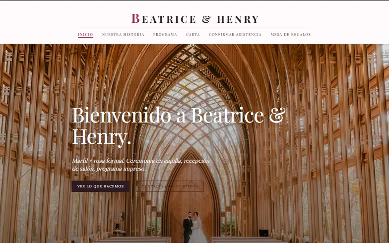 La página de inicio de la plantilla Boda Clásica en Capilla