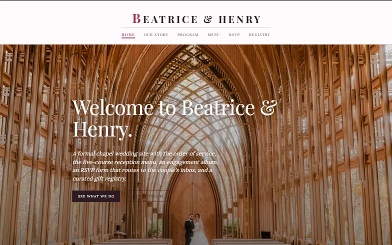 The home page of the Classic Chapel Wedding template