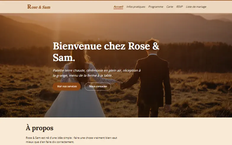 La page d’accueil du modèle Mariage Jardin & Grange