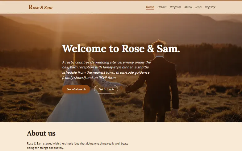 The home page of the Garden & Barn Wedding template